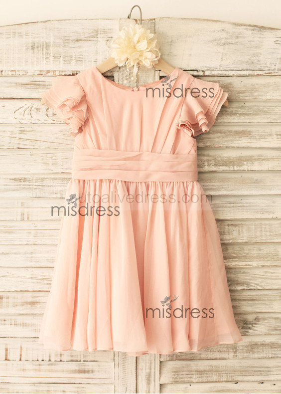 Short Sleeves Pink Chiffon Knee Length Flower Girl Dress